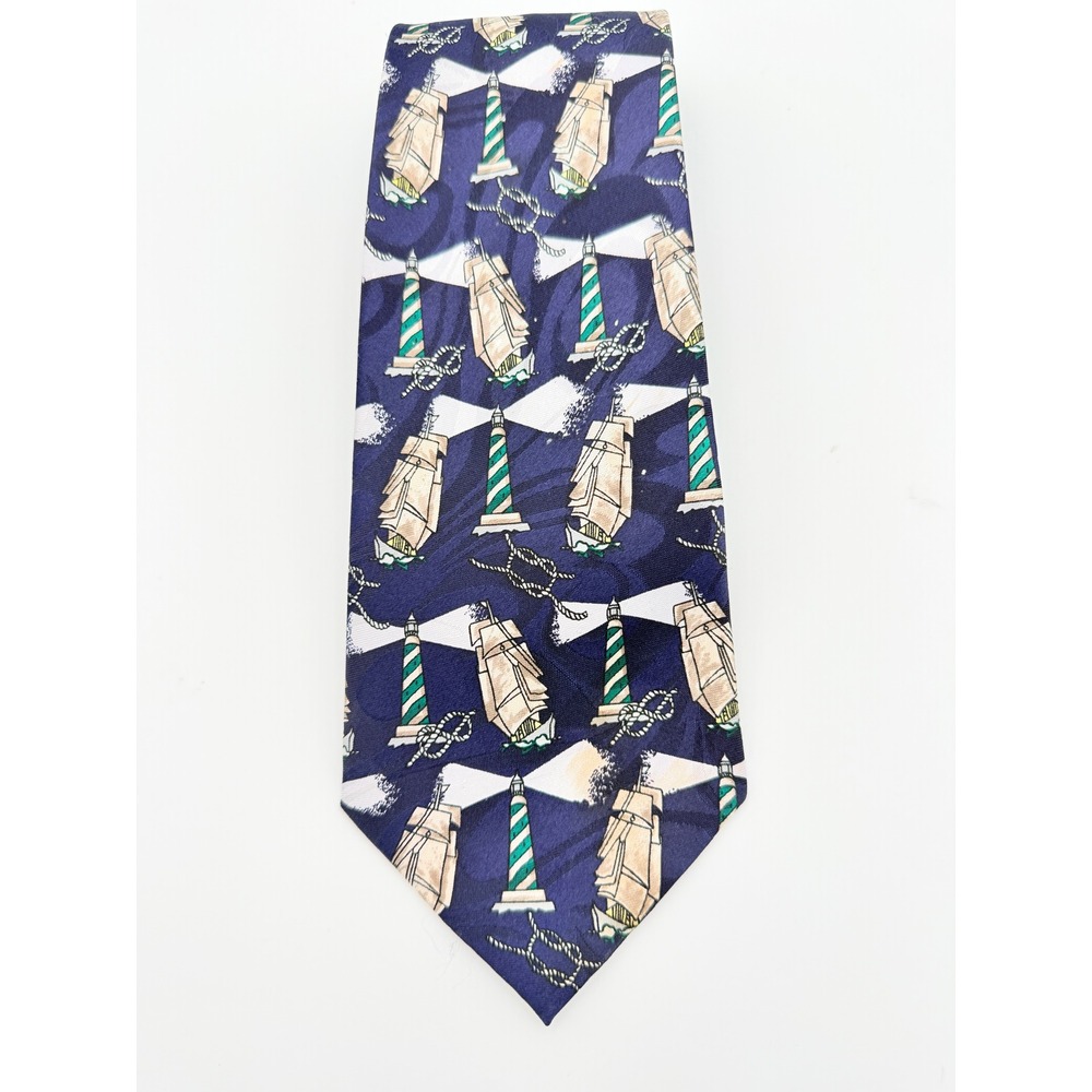 Fratello Hand Made Silk Tie Navy Blue Nautical Lighthouse Sailing Ship Mens